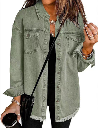 Olivia women's oversized black denim jacket with longline fit and frayed hem, styled with casual urban fashion.