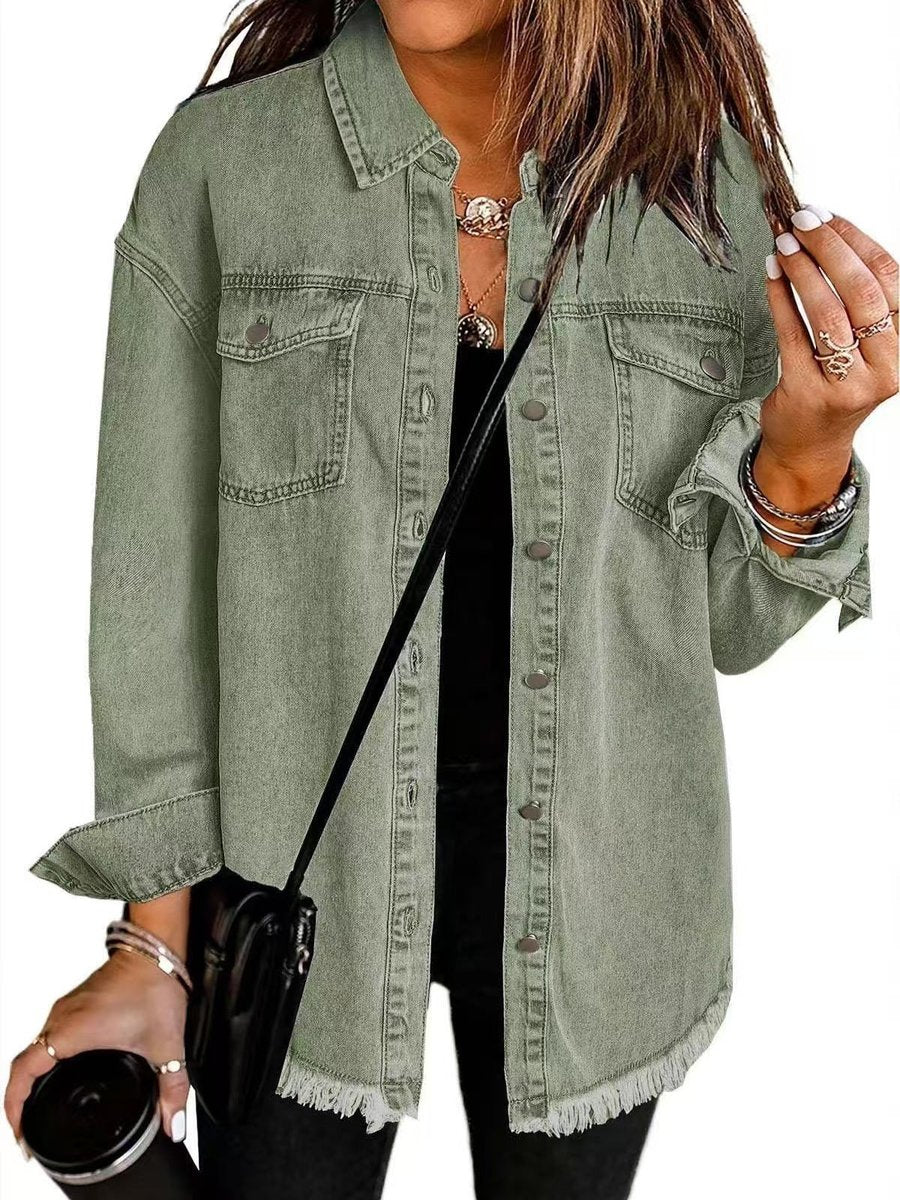 Olivia women's oversized black denim jacket with longline fit and frayed hem, styled with casual urban fashion.