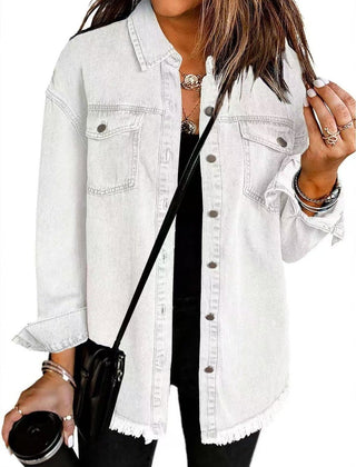 Olivia women's oversized black denim jacket with longline style and frayed hem, featuring a relaxed fit and casual streetwear look.