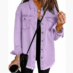Olivia women's oversized black denim jacket by Christine Brewer with longline design and frayed hem, casual outerwear for women.