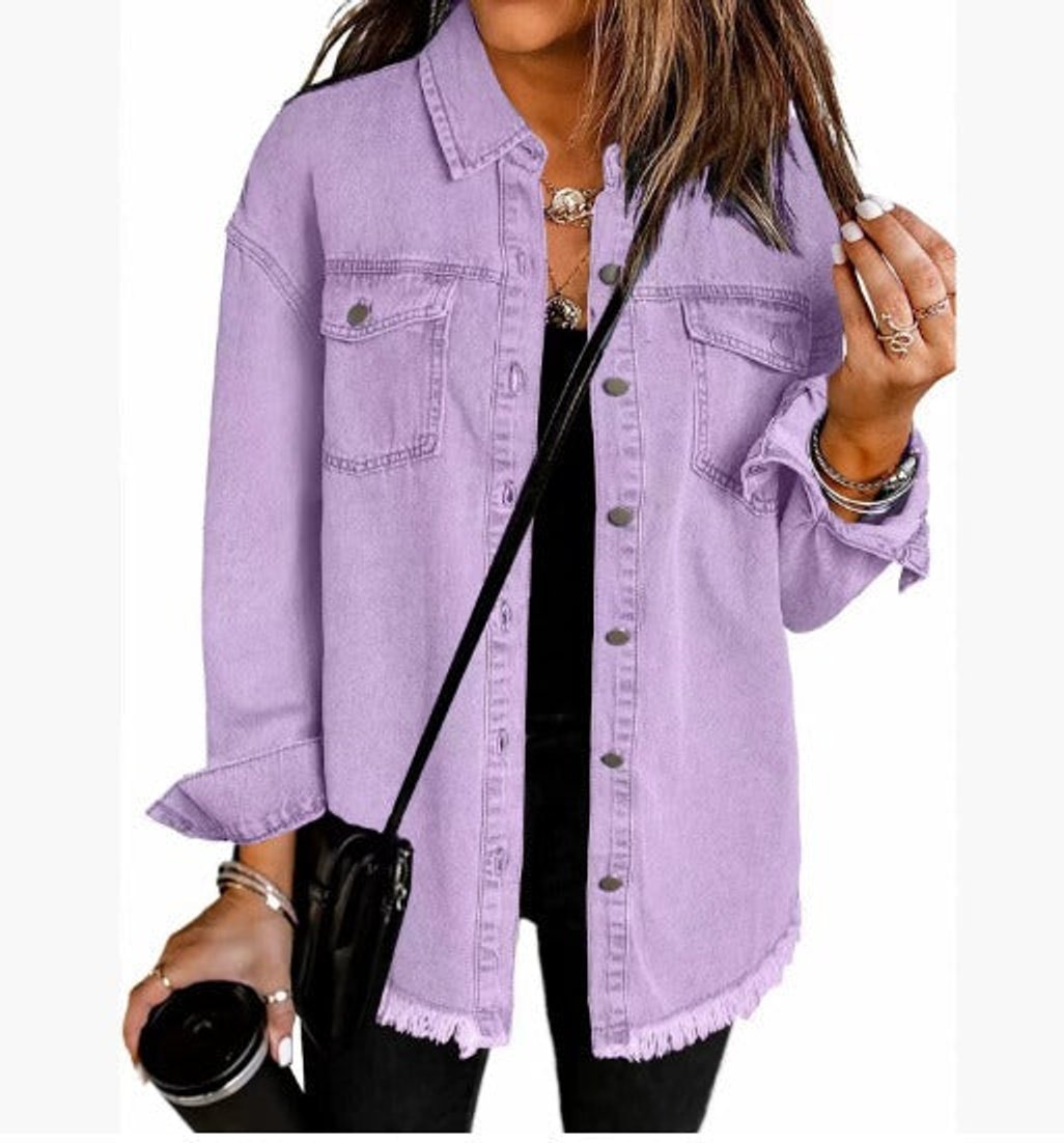Olivia women's oversized black denim jacket by Christine Brewer with longline design and frayed hem, casual outerwear for women.