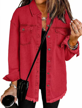 Olivia women's oversized black denim jacket with longline fit and frayed hem, styled for a casual look.