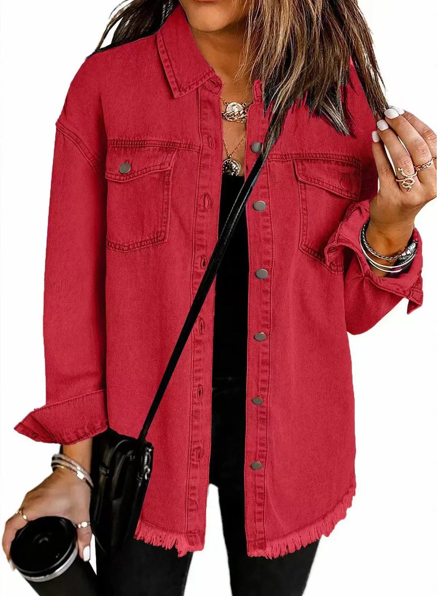 Olivia women's oversized black denim jacket with longline fit and frayed hem, styled for a casual look.