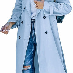 Olivia women's oversized double-breasted belted longline trench coat in classic beige, stylish and warm outerwear for women.