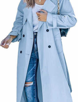 Olivia women's oversized double-breasted belted longline trench coat in classic beige, stylish and warm outerwear for women.