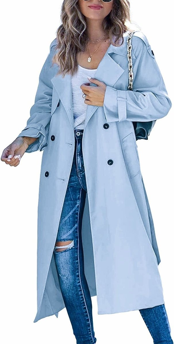 Christine Brewer Layla women's oversized double-breasted belted longline trench coat displayed on a model, showcasing its stylish design.