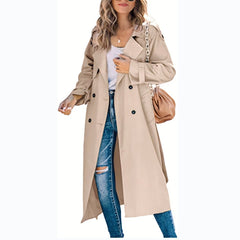 Olivia women's oversized double-breasted belted longline trench coat by Christine Brewer, shown on a model with classic beige color.