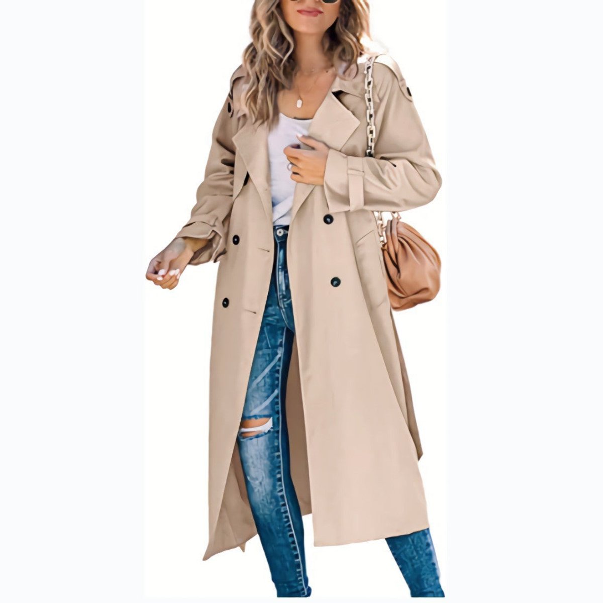 Olivia women's oversized double-breasted belted longline trench coat by Christine Brewer, shown on a model with classic beige color.