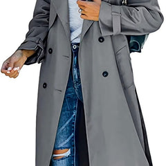 Olivia women's oversized double-breasted belted longline trench coat by Christine Brewer, shown in a stylish longline silhouette.