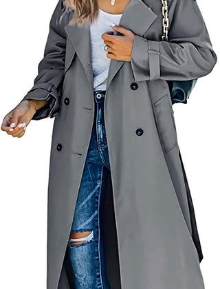 Olivia women's oversized double-breasted belted longline trench coat by Christine Brewer, shown in a stylish longline silhouette.