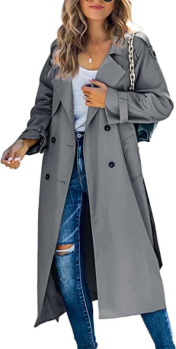 Olivia women's oversized double-breasted belted longline trench coat by Christine Brewer, shown in a stylish longline silhouette.