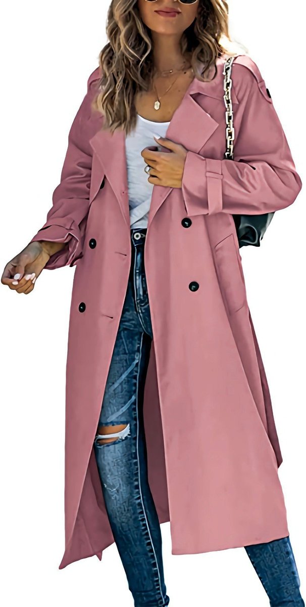 Olivia women's oversized double-breasted belted longline trench coat by Christine Brewer, shown in a stylish longline design.