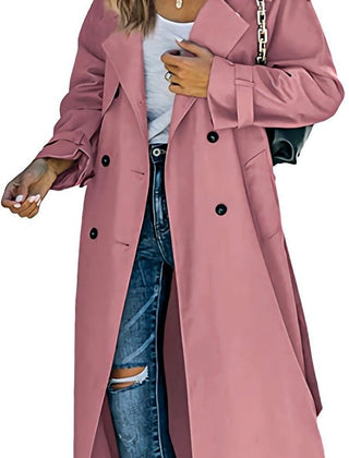 Women’s oversized double-breasted belted longline trench coat by Christine Brewer, showing the tailored design and belted waist.