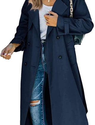 Olivia women's oversized double-breasted belted longline trench coat by Christine Brewer, showing the coat's stylish design and belt details.