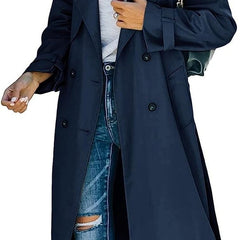 Women’s oversized double-breasted belted longline trench coat by Christine Brewer, featuring a classic design and tailored fit.