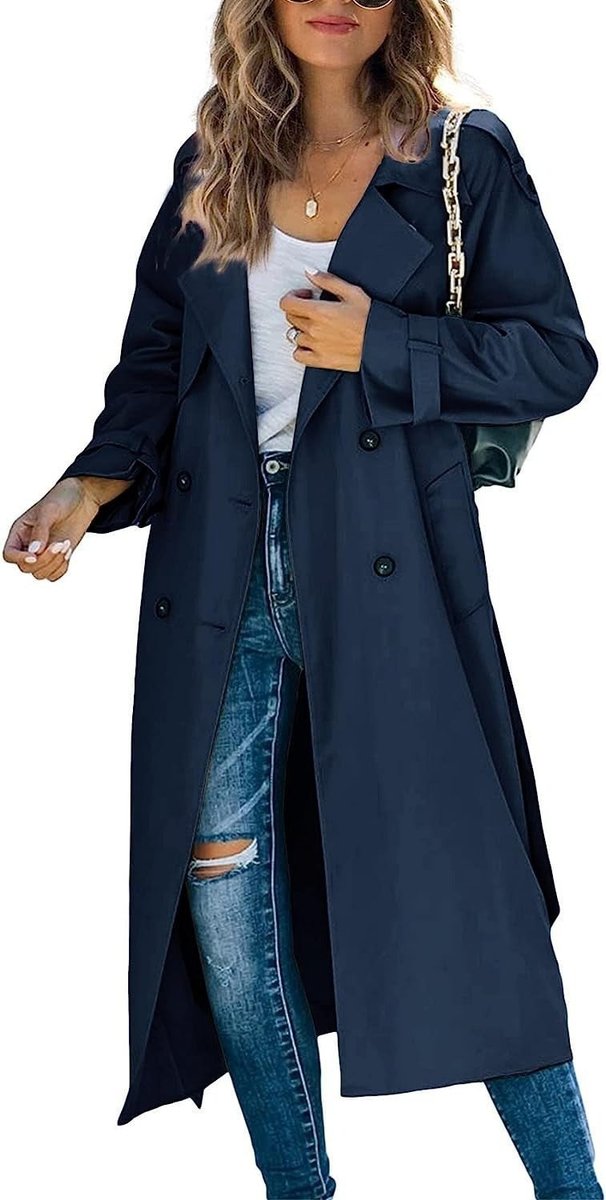 Women’s oversized double-breasted belted longline trench coat by Christine Brewer, featuring a classic design and tailored fit.