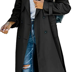 Olivia women's oversized double-breasted belted longline trench coat in classic beige, stylish and versatile outerwear by Christine Brewer