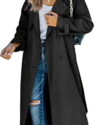 Olivia women's oversized double-breasted belted longline trench coat in classic beige, stylish and versatile outerwear by Christine Brewer