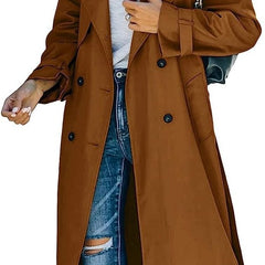 Olivia women's oversized double-breasted belted longline trench coat by Christine Brewer, shown in a stylish longline design.