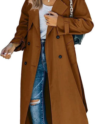 Olivia women's oversized double-breasted belted longline trench coat by Christine Brewer, shown in a stylish longline design.