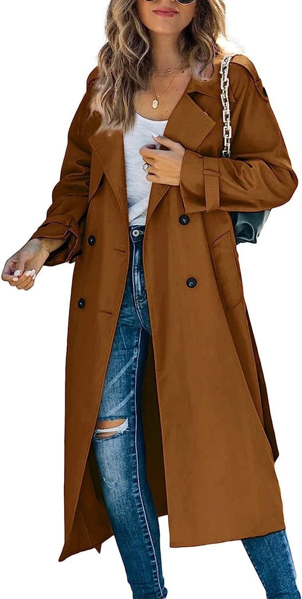 Women's oversized double-breasted longline trench coat with belt by Christine Brewer, shown in a stylish, relaxed fit.