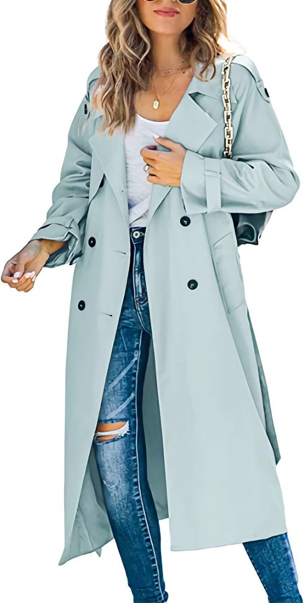 Olivia women's oversized double-breasted belted longline trench coat by Christine Brewer, featuring classic style and tailored fit.