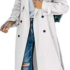 Olivia women's oversized double-breasted belted longline trench coat in neutral fabric, styled with a collar and side pockets.