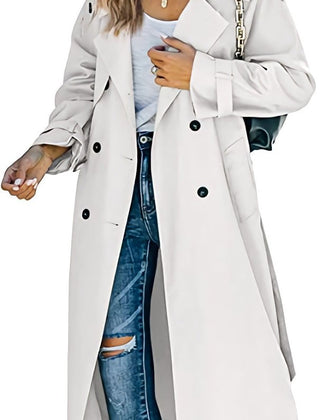 Women's oversized double-breasted trench coat by Christine Brewer, longline style with belt and classic trench design.