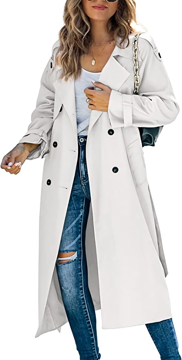 Women's oversized double-breasted trench coat by Christine Brewer, longline style with belt and classic trench design.