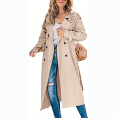 Olivia women's oversized double-breasted belted longline trench coat in neutral fabric, styled with wide lapels and a waist belt.