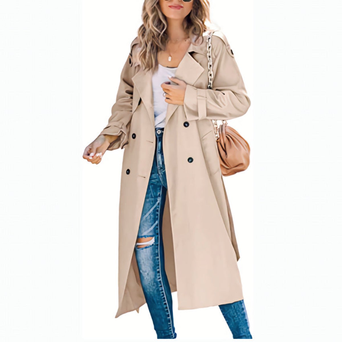 Women’s oversized double-breasted belted longline trench coat by Christine Brewer, shown in a stylish longline design with belt.