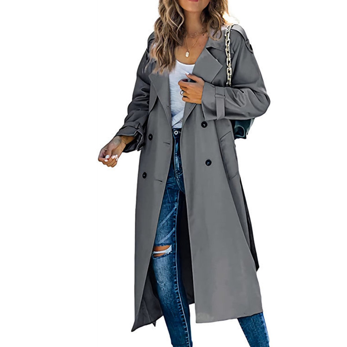 Christine Brewer Layla women's oversized double-breasted longline trench coat with belt, beige color, stylish and warm outerwear.