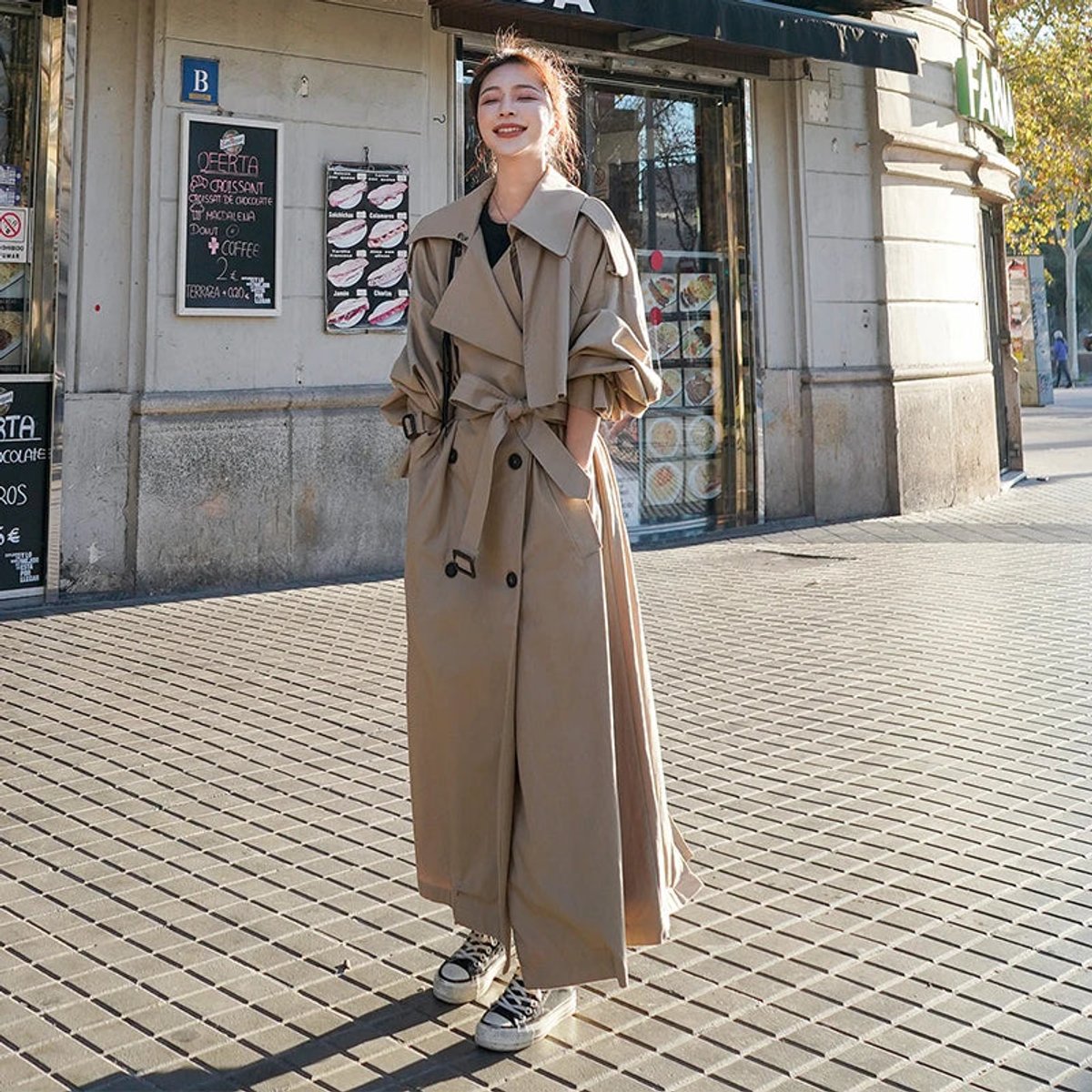 Emily women's oversized double-breasted longline trench coat by Christine Brewer, featuring classic design and tailored fit.