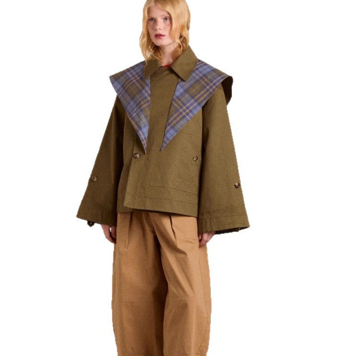 Women’s oversized double-breasted plaid-lined trench coat by Christine Brewer, featuring a classic design and stylish fit.