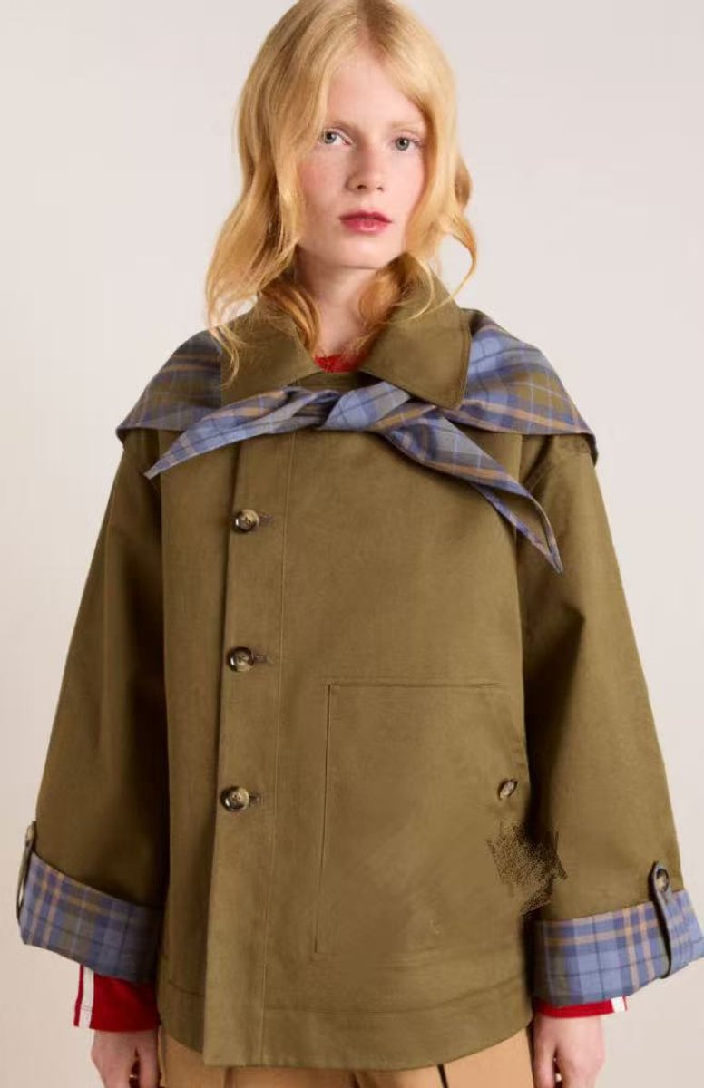 Women's oversized double-breasted plaid-lined trench coat by Christine Brewer, showcasing classic style and warm outerwear.