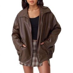 Women's oversized faux leather bomber jacket with zip-up front by Christine Brewer, featuring a stylish and modern design.