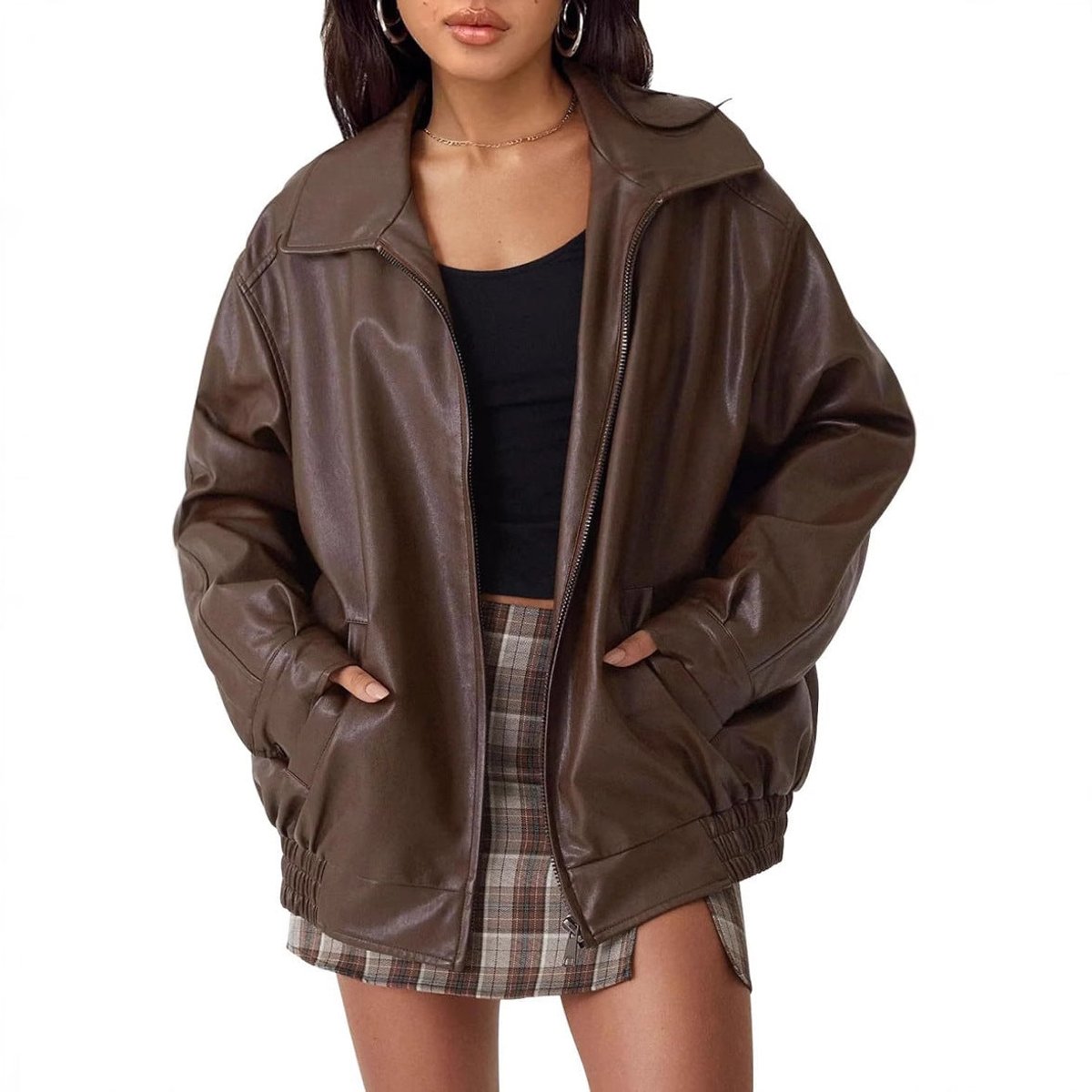 Women's oversized faux leather bomber jacket with zip-up front by Christine Brewer, featuring a stylish and modern design.