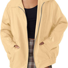 Women’s oversized faux leather bomber jacket by Christine Brewer with zip-up front, stylish and trendy for casual wear.