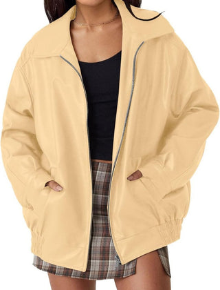 Women’s oversized faux leather bomber jacket by Christine Brewer with zip-up front, stylish and trendy for casual wear.