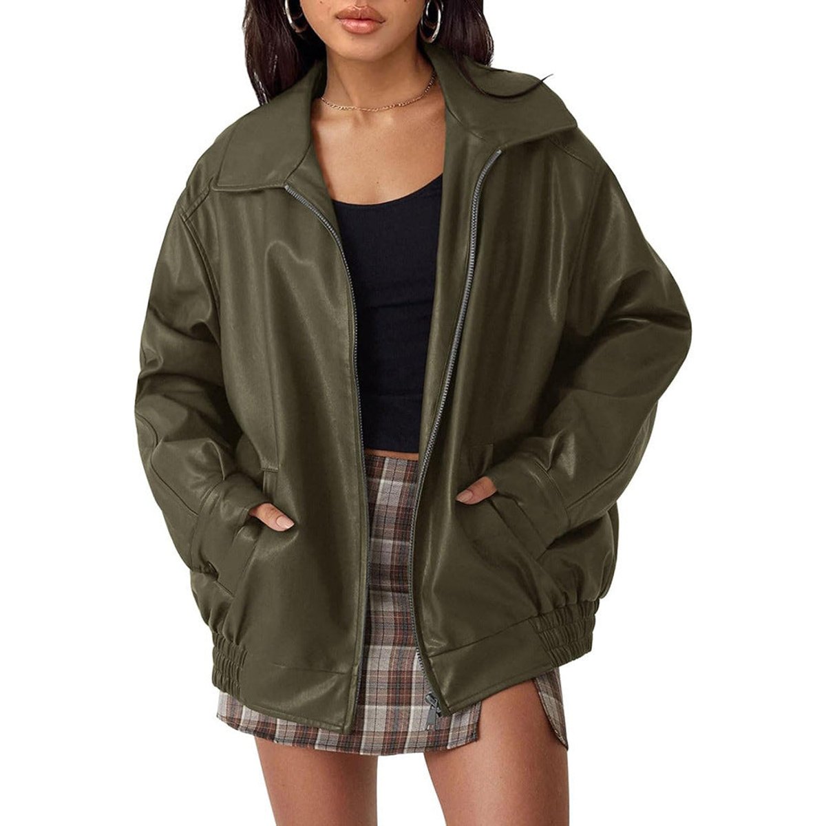 Women’s oversized faux leather bomber jacket by Christine Brewer with a zip-up front, stylish and modern outerwear.
