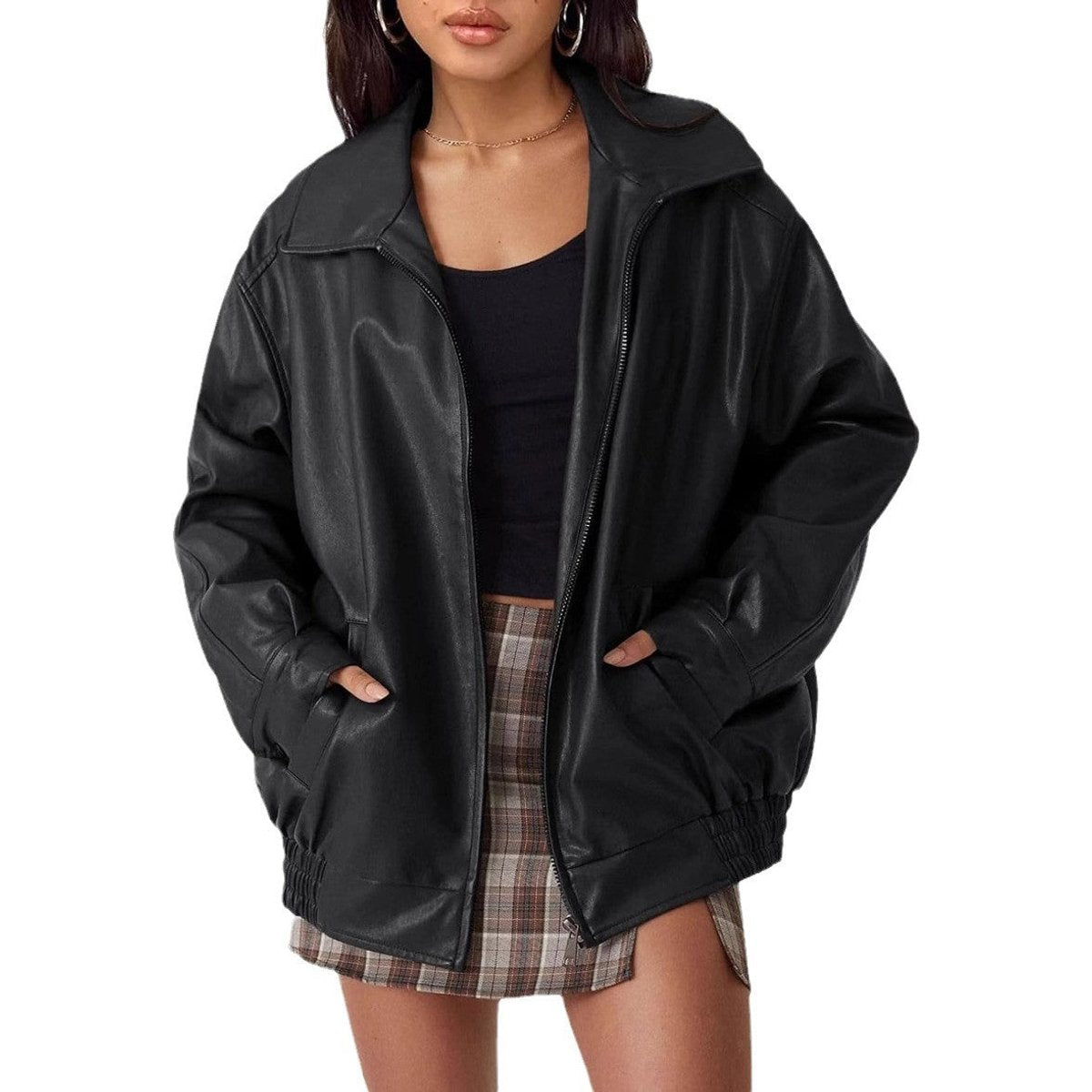 Women's oversized faux leather bomber jacket with zip-up front by Christine Brewer, featuring a stylish, relaxed fit.