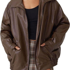 Women's oversized faux leather bomber jacket by Christine Brewer, featuring a zip-up front and stylish design.