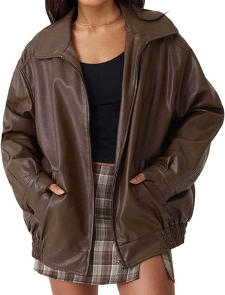 Women's oversized faux leather bomber jacket by Christine Brewer, featuring a zip-up front and stylish design.