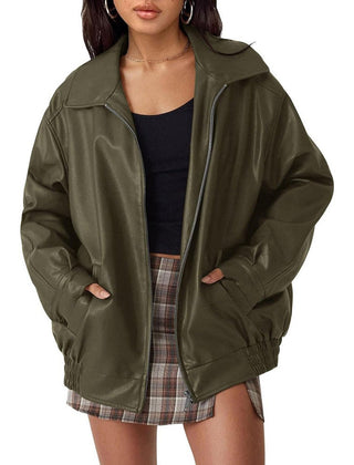 Women's oversized faux leather bomber jacket with zip-up front, stylish and lightweight from Christine Brewer.