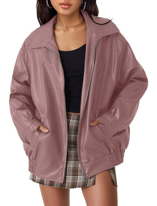 Women's oversized faux leather bomber jacket by Christine Brewer with zip-up front, stylish and trendy outerwear.