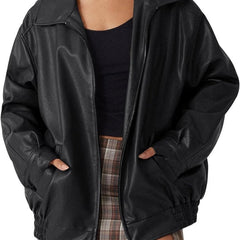 Women’s oversized faux leather bomber jacket by Christine Brewer with a front zip-up closure, stylish and modern outerwear.