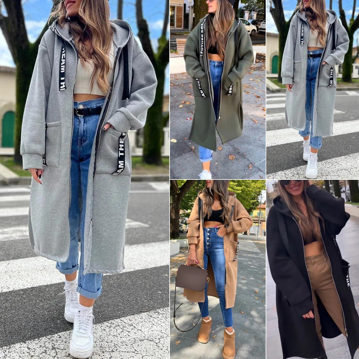 Women’s oversized long hooded zip-up coat by Christine Brewer, shown in a relaxed fit with a large hood and front zipper.