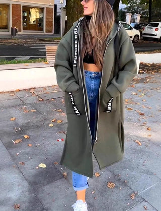 Women's oversized long hooded zip-up coat by Christine Brewer, featuring a relaxed fit and cozy hood for stylish warmth.