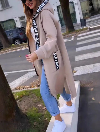 Women’s oversized long hooded zip-up coat by Christine Brewer, featuring a relaxed fit and front zipper, ideal for casual winter wear.