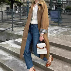 Women's oversized plaid-lined cotton blend trench coat by Christine Brewer, featuring a classic design and relaxed fit.